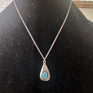 Silver and turquoise sand cast  Teardrop Pendant with sterling silver chain